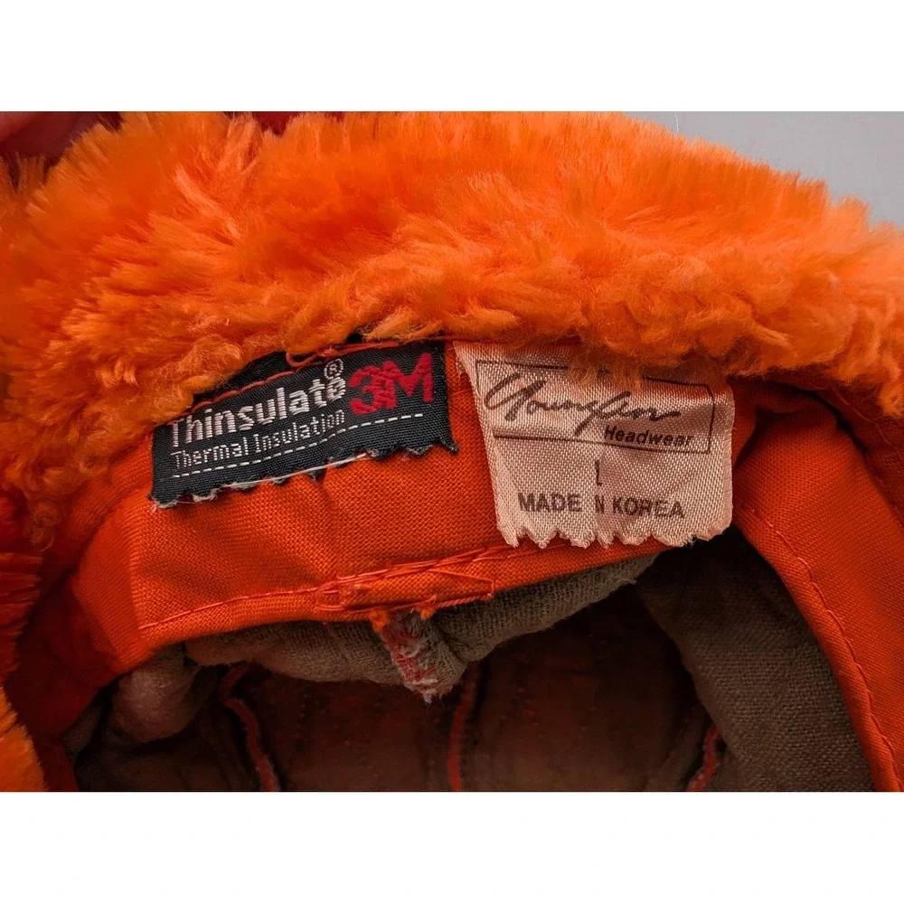 Vintage Blaze Orange Quilted Hunting Hat Ear Flaps Faux Fur Lined Trapper Cap